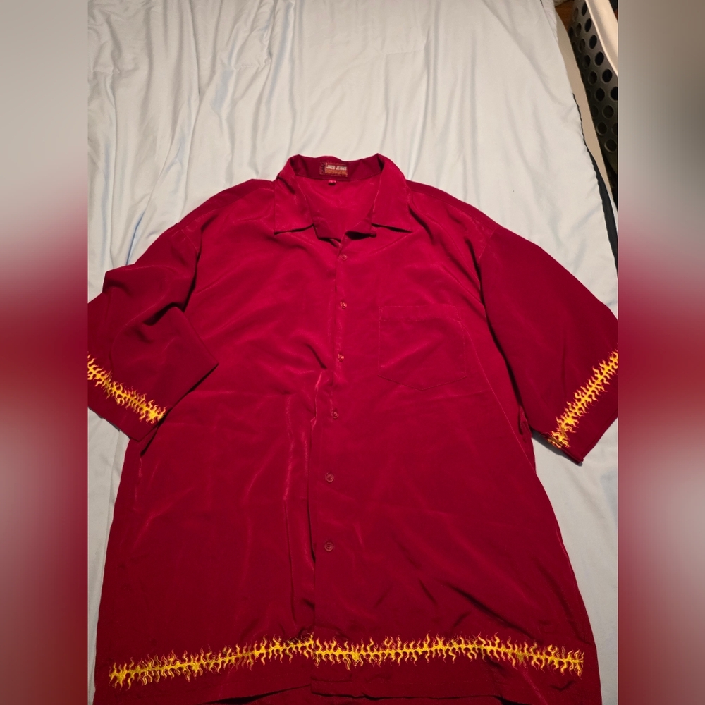 Vintage JNCO Jeans Red Casual Button Down Shirt with Yellow Embroidery